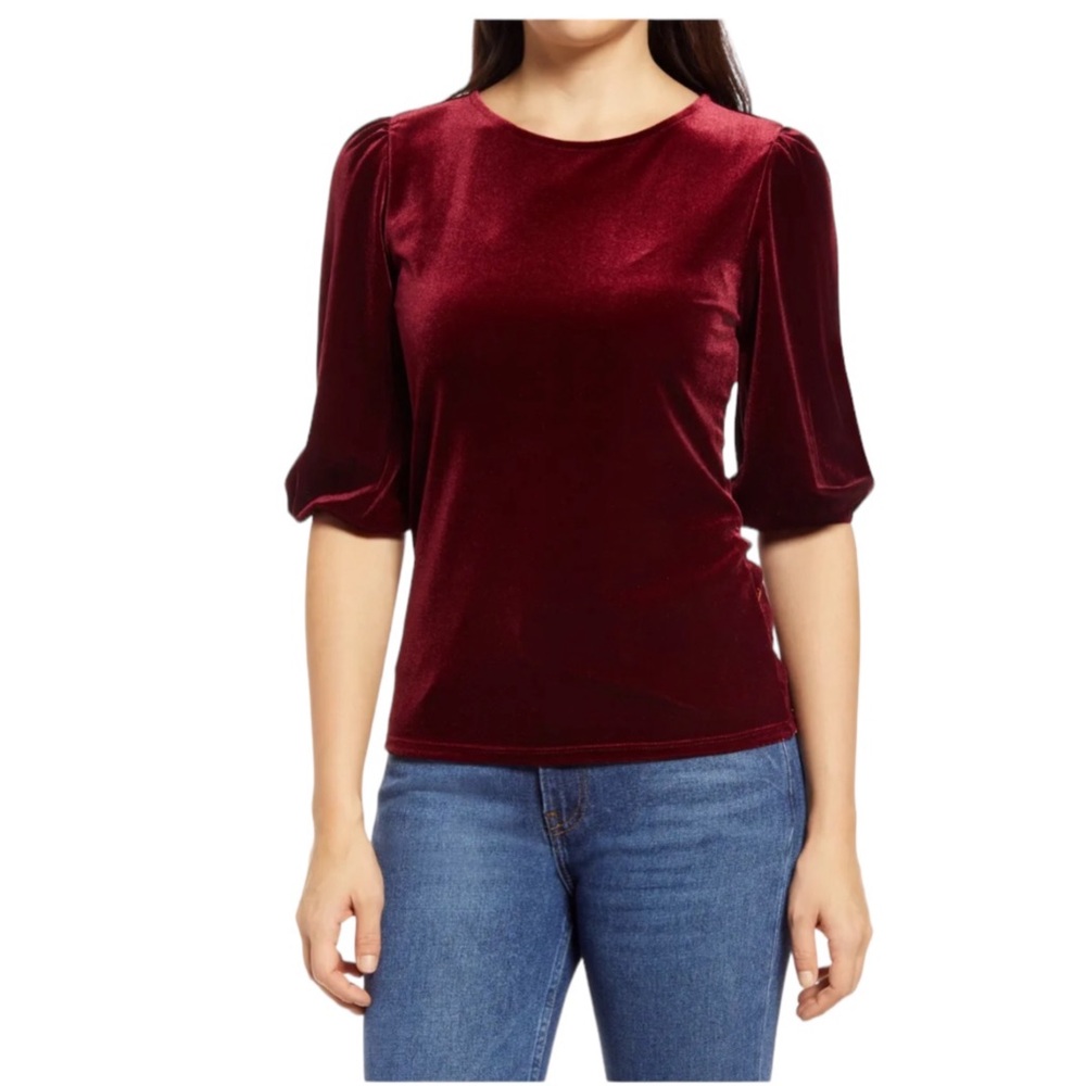 Halogen Women Burgundy Velvet Top Size Small Velour Bubble Sleeve NWT